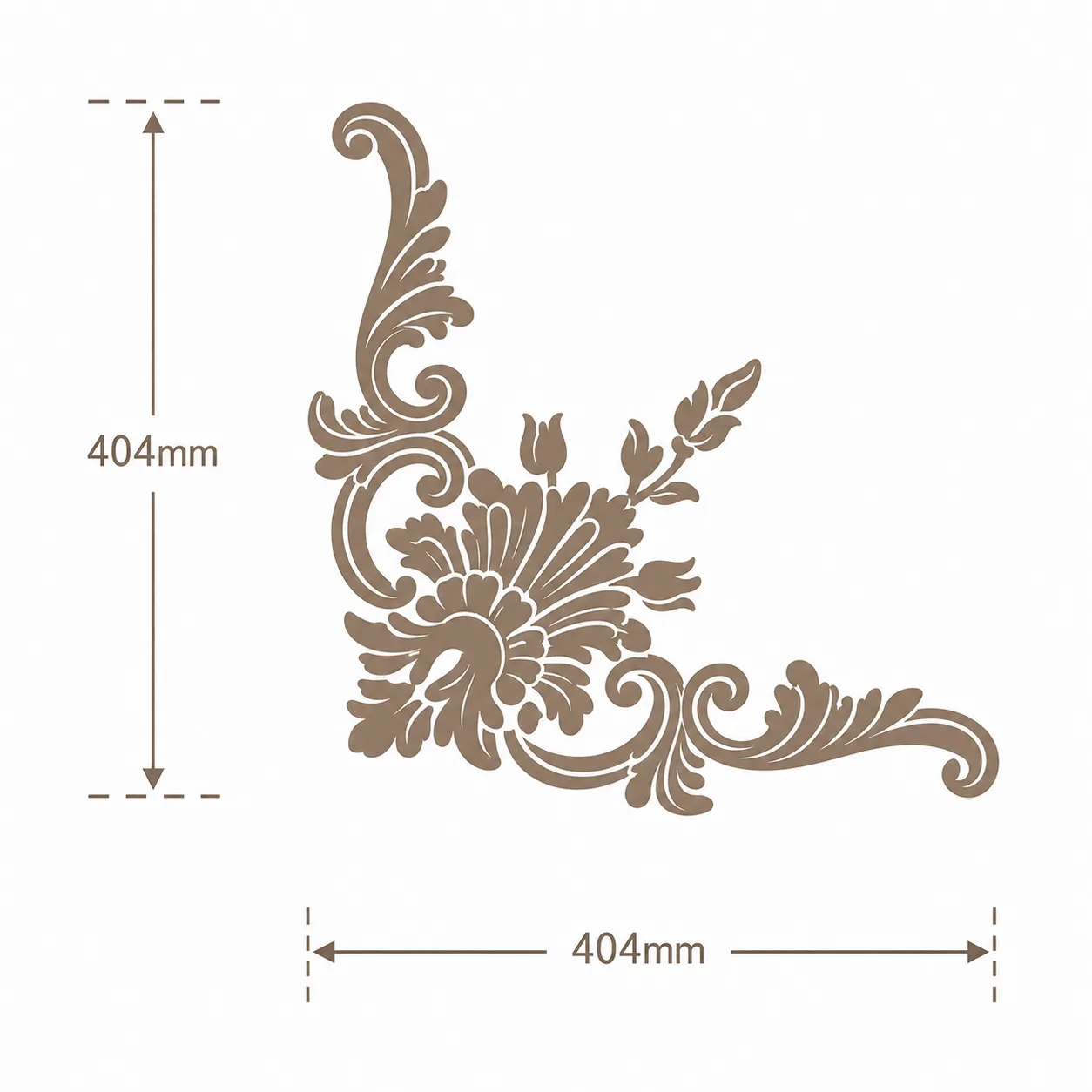 Format de Ornement d'angle floral 404 x 404 mm – Applique décorative à rosace et volutes