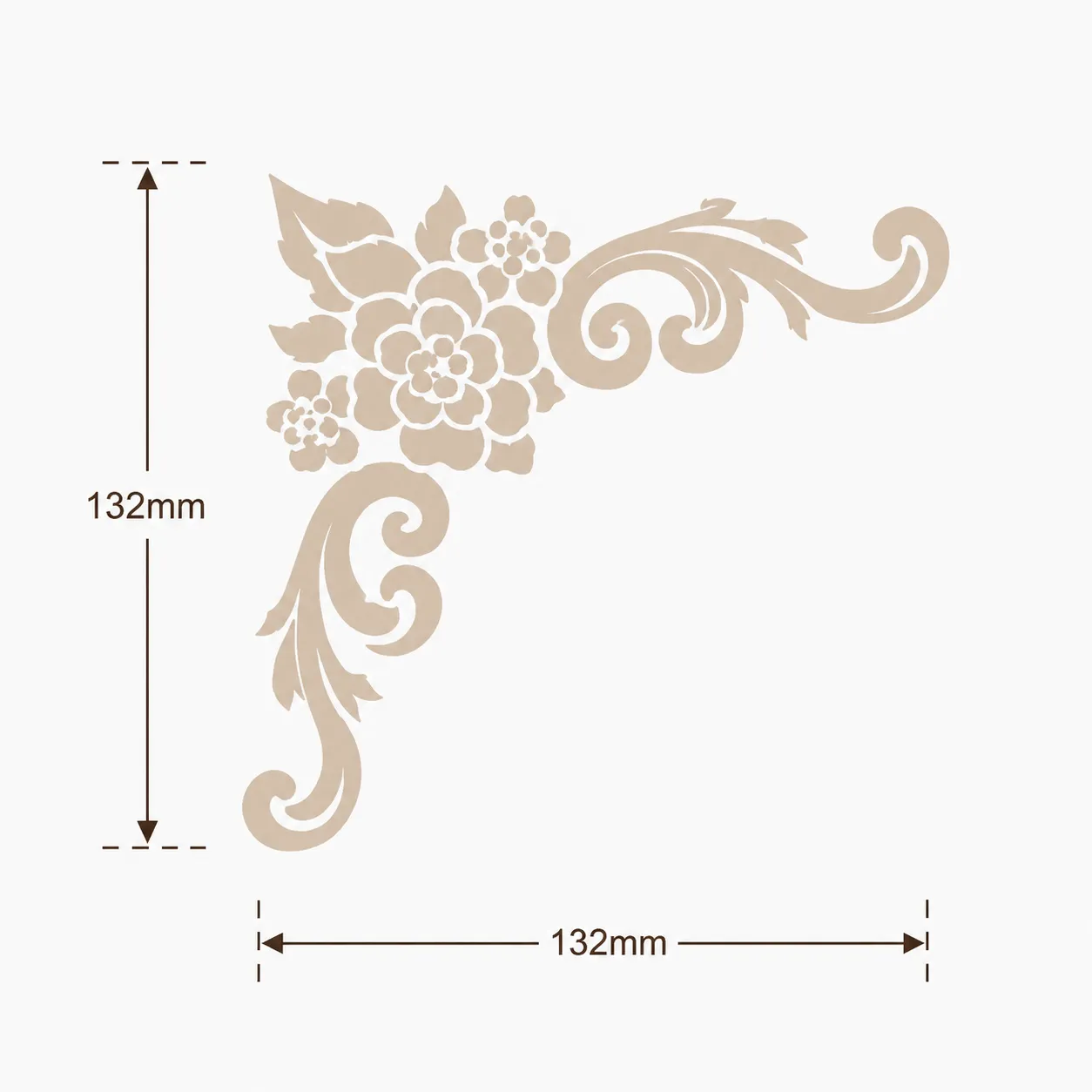 Format de Ornement d'angle fleuri 132 x 132 mm – Applique décorative de coin à rose et volutes