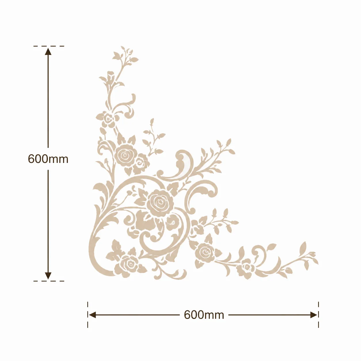 Format de Ornement d'angle floral 600 x 600 mm – Applique décorative à roses et volutes